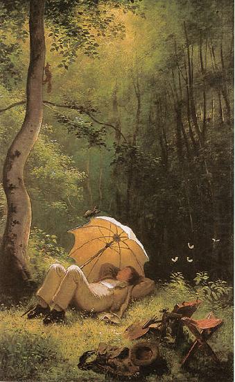 Carl Spitzweg Der Maler auf einer Waldlichtung, unter einem Schirm liegend china oil painting image